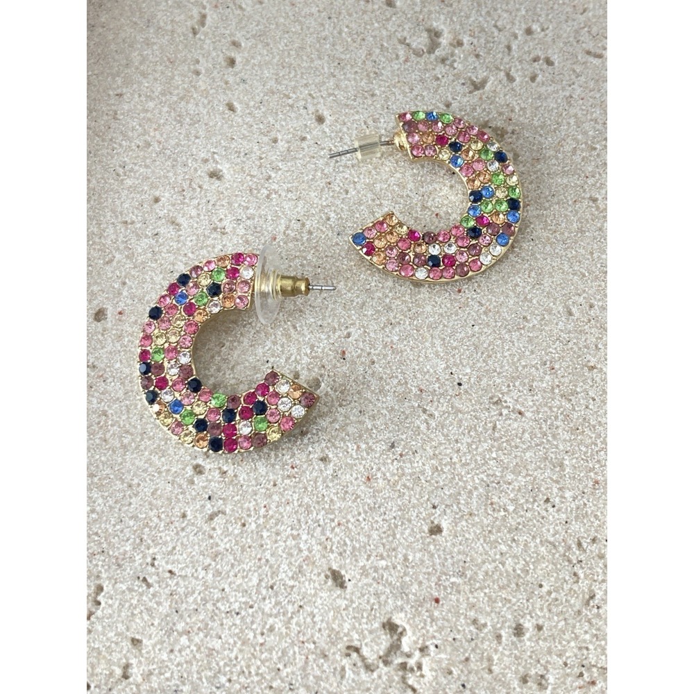 Rainbow Rhinestone Hoop Earrings Gold Tone Statement Crystal C‎ Shaped